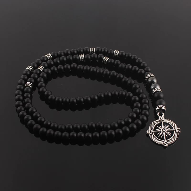 Collier de perles rondes en pierre naturelle noire pour hommes, classique, Vintage, longue, avec pendentif boussole, bijoux cadeau, 6mm