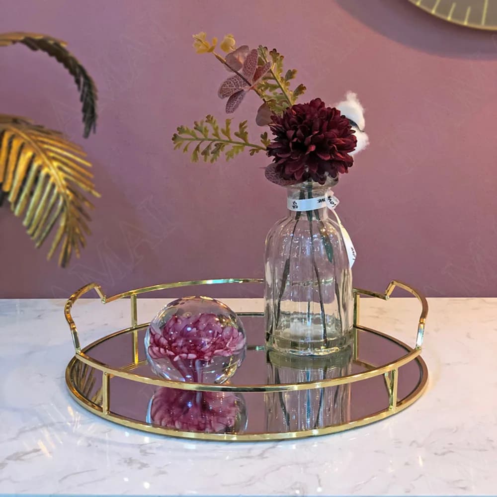 Plateau de rangement miroir en métal plaqué or, rond, luxe, boucle d'oreille, intérieur cosmétique, table basse, assiette à bijoux