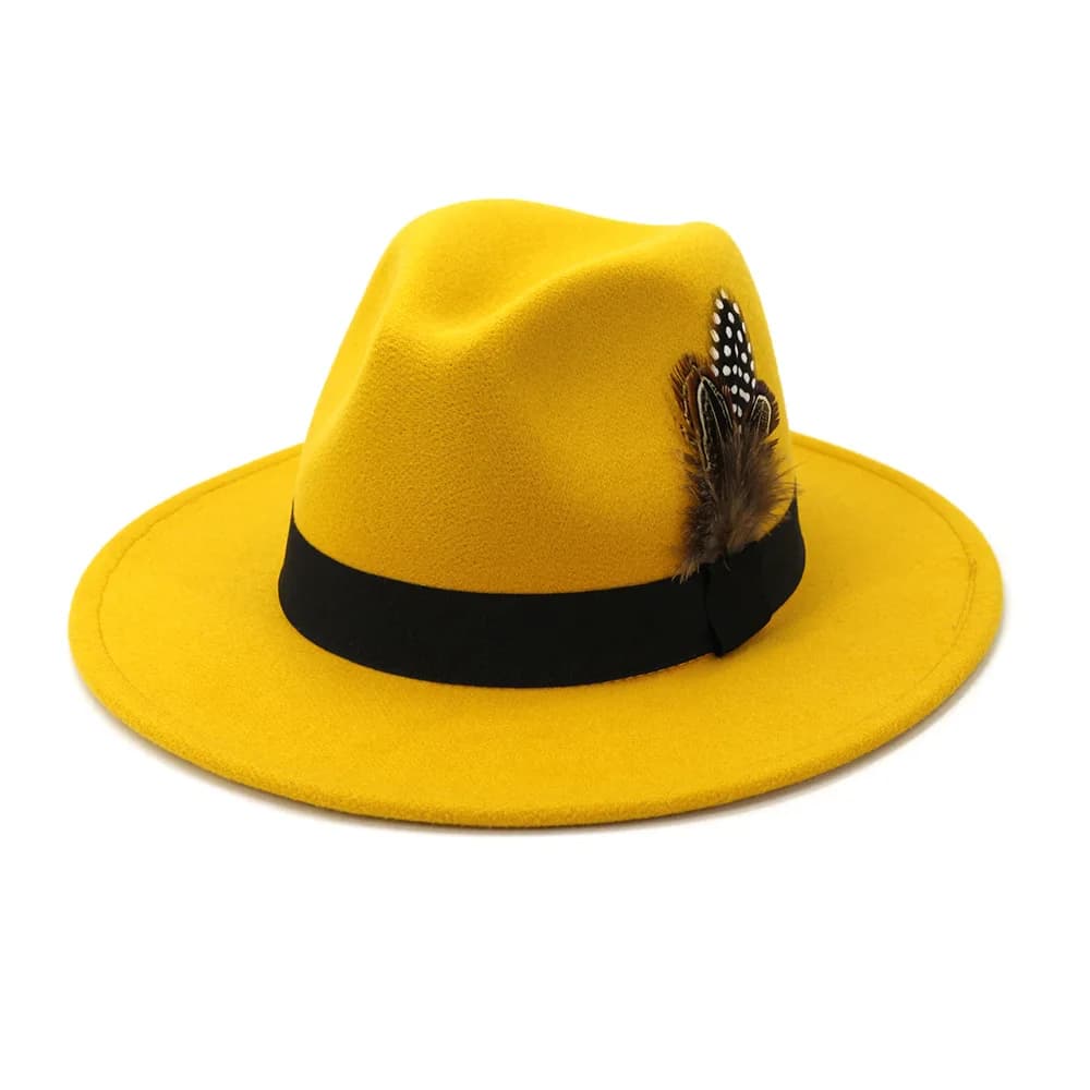 Plume jaune Fedoras hommes fedora chapeau hommes panama casquette unisexe chapeau militaire couleur fedoras grand bord chapeau église chapeau fête chapeau