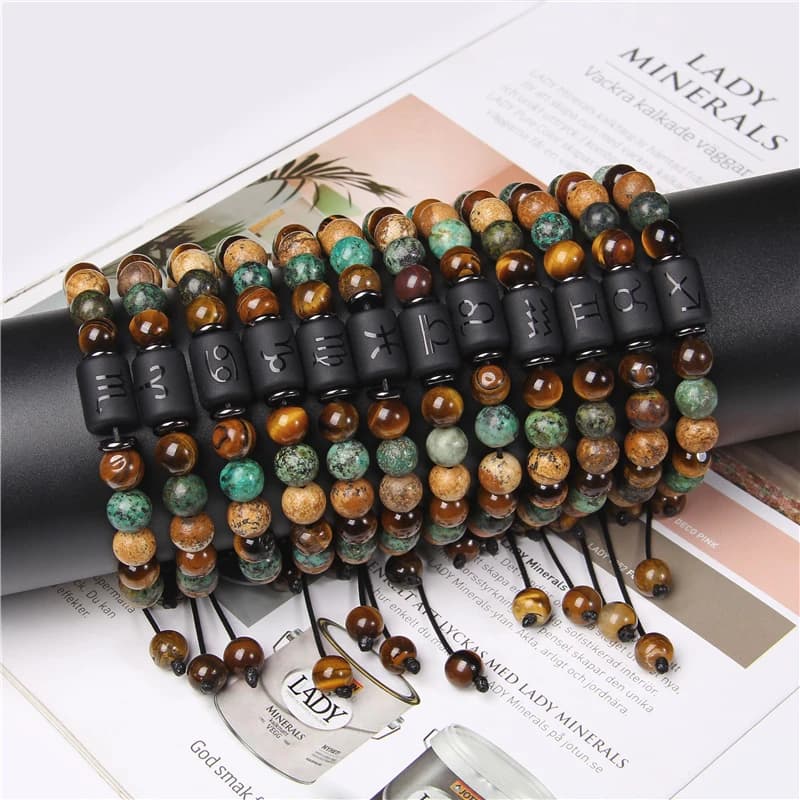 Bracelet Constellation 12 signes du zodiaque, image naturelle, Turquois, œil de tigre, pierre tissée, bijoux pour femmes et hommes, cadeau de Couple