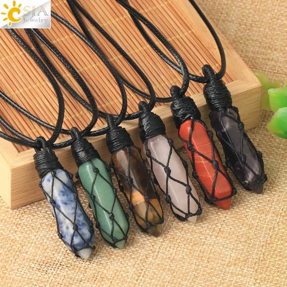 CSJA Collier en pierre naturelle Quartz, améthyste, cristaux, pendentifs, rose, vert, Aventurine, œil de tigre, obsidienne , véritables pierre naturelle et cristaux bijoux femme , collier pierre