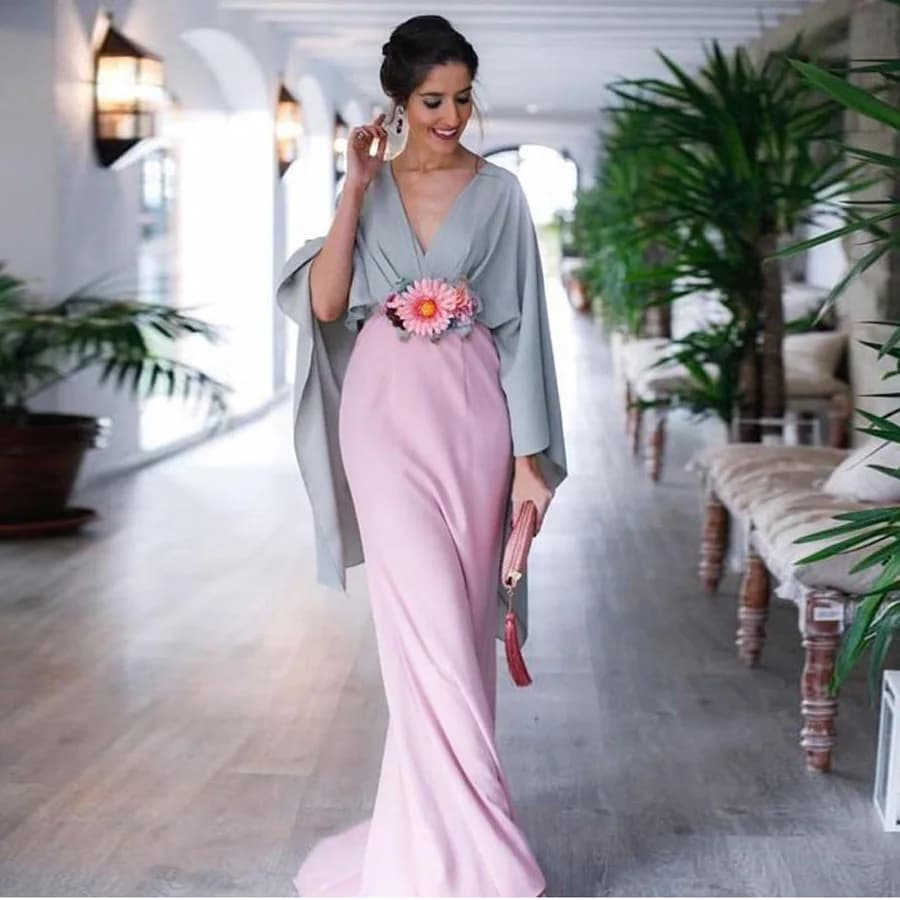 Robe de soirée élégante à manches longues et col en V avec ceinture à fleurs, robes de soirée monochromes, mode éducative chic