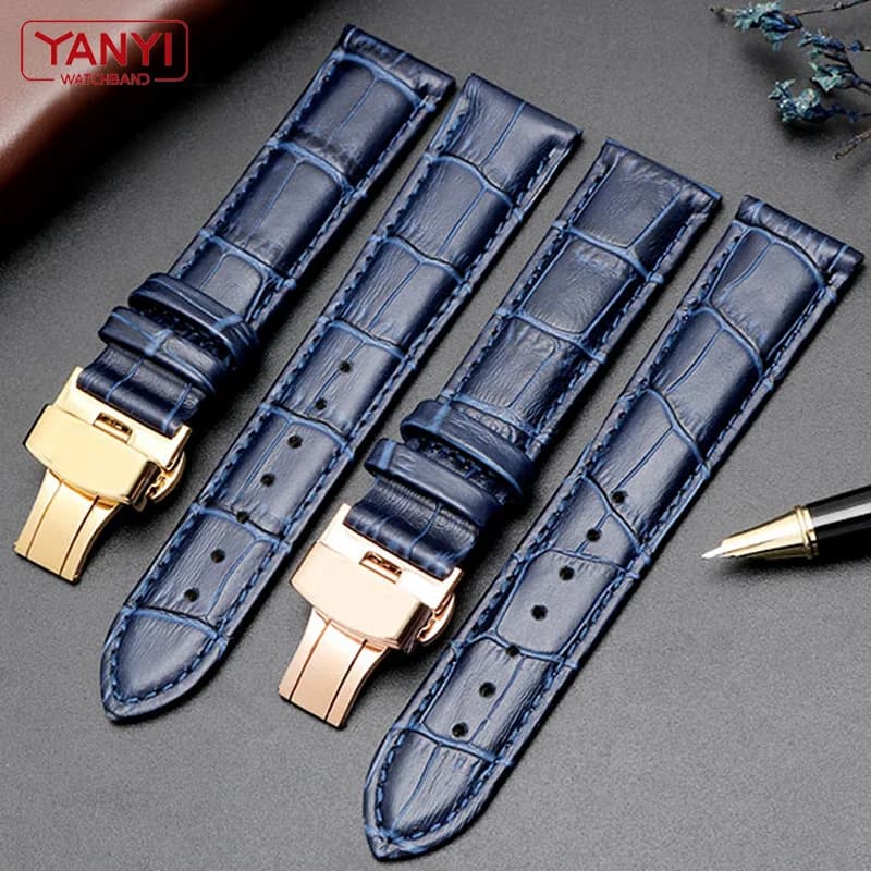 Bracelet en cuir véritable, couleur bleu foncé, fermoir papillon, bracelet de montre disponible en tailles 16mm, 18mm, 20mm, 21, 22mm, 23mm