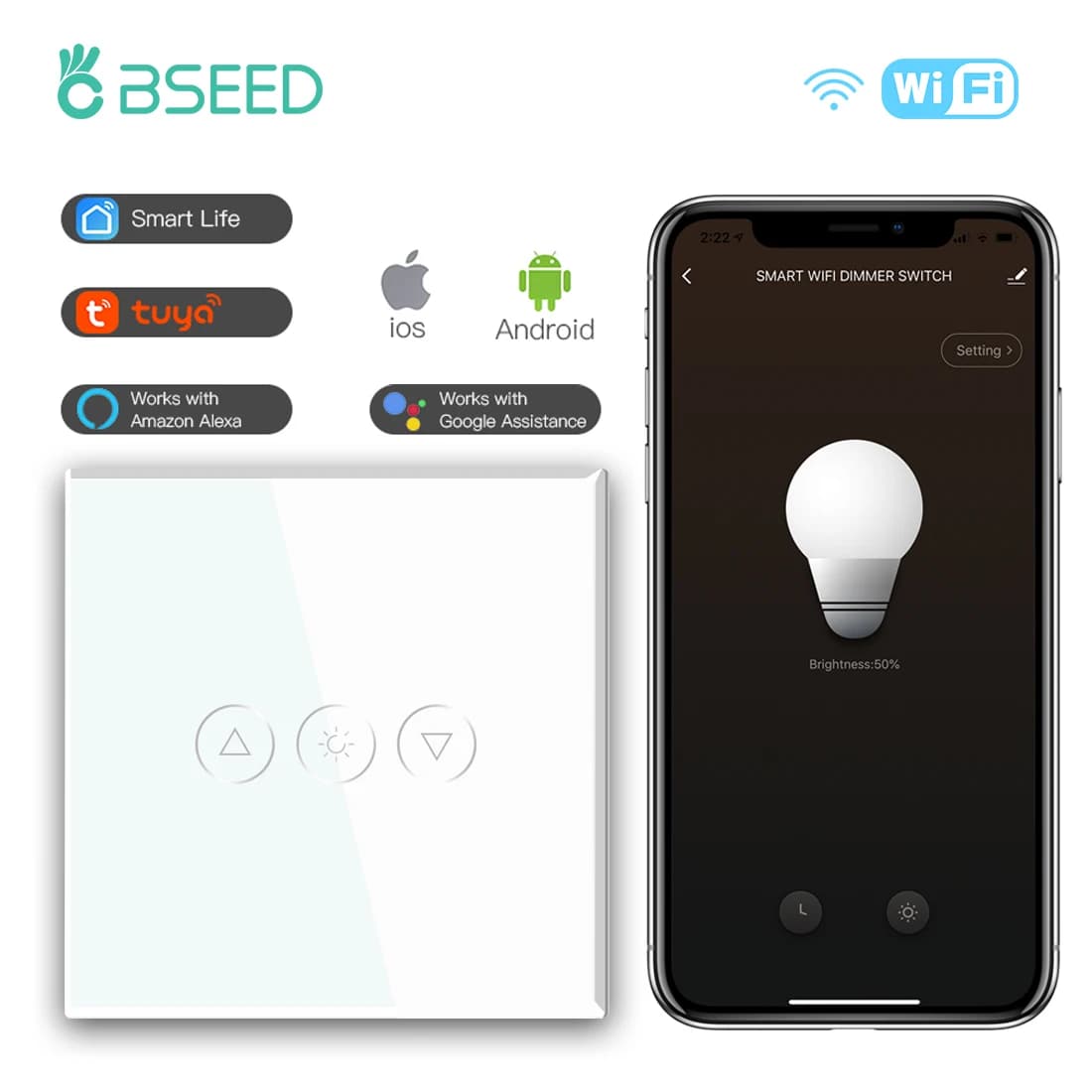 BSEED – variateur Wifi intelligent unique, 1 bouton, 1WayWifi, contrôle, lumière Led variable, panneau en verre, prise en charge de Tuya Google Smart Life