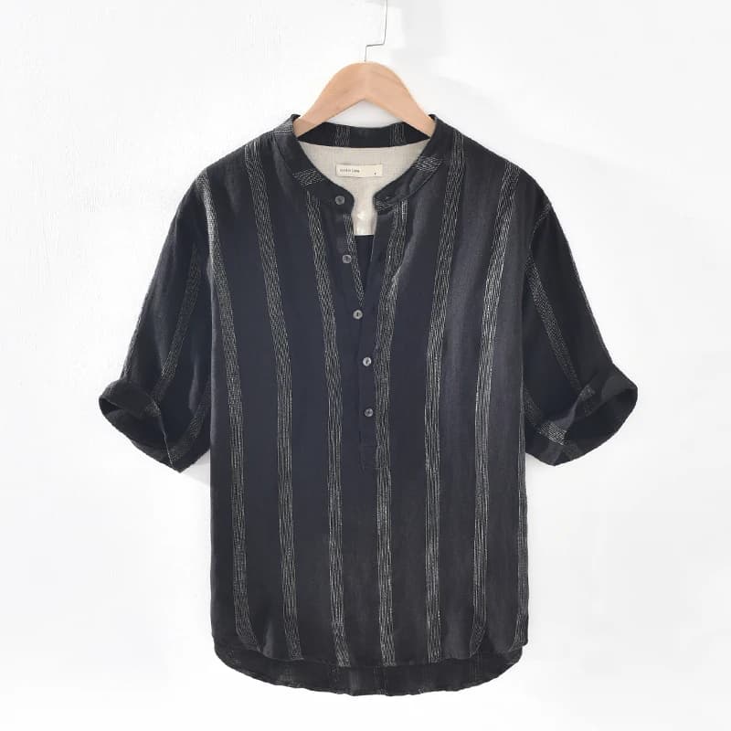 Chemise rayée à col montant pour homme, tenue décontractée et confortable, à la mode, en lin et noir, collection été 100%