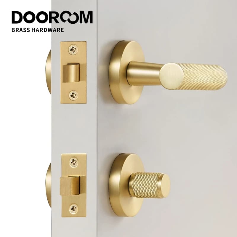 DOOROOM Poignée de loquet à clé avec bouton moleté en laiton, cylindre de serrure, plaque de protection, serrure de passage de pièce
