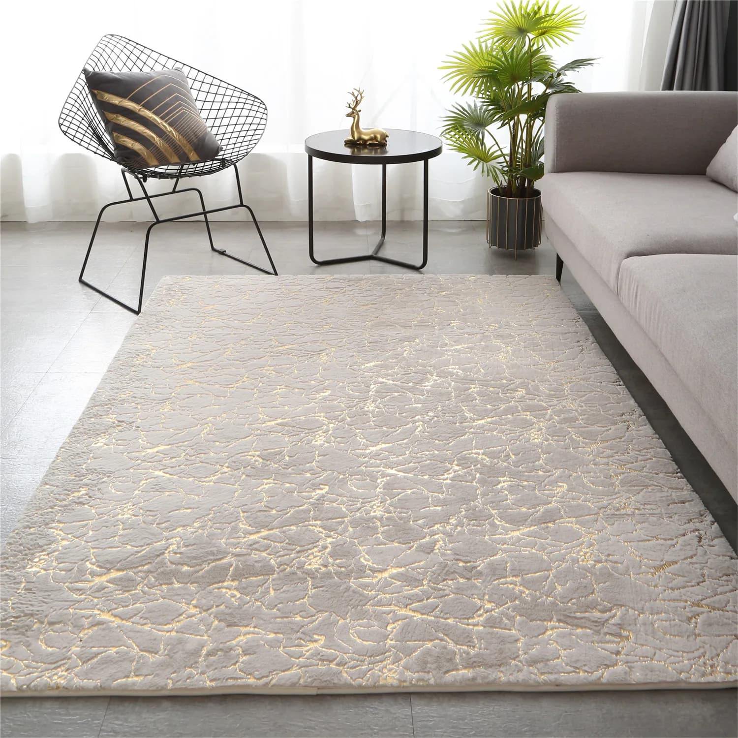 Tapis moelleux en fausse fourrure de lapin pour la décoration intérieure, zone lea crack, impression de feuille d'or, polymères de chevet doux, tapis de salon, tapis de jeu pour enfants