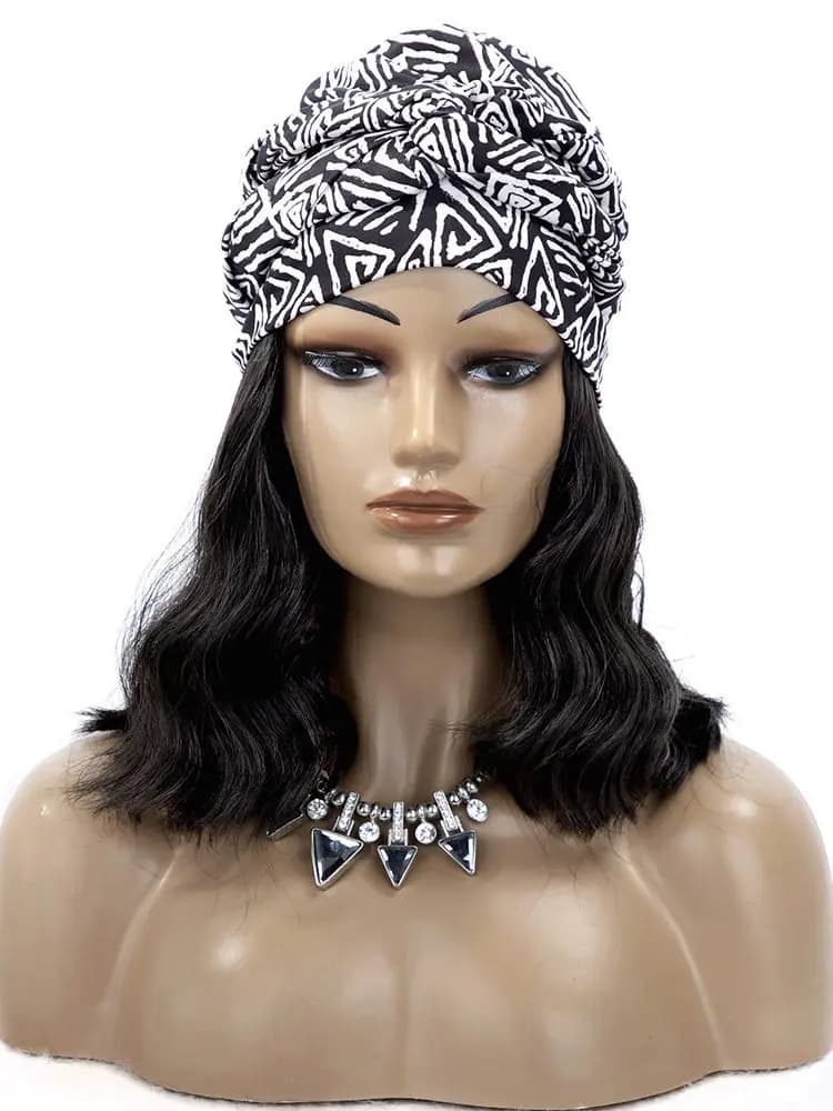 Perruque synthétique à frange noire pour femme, turban noir et blanc, ondulé, ultraviolet, nouveau 03 utilisation