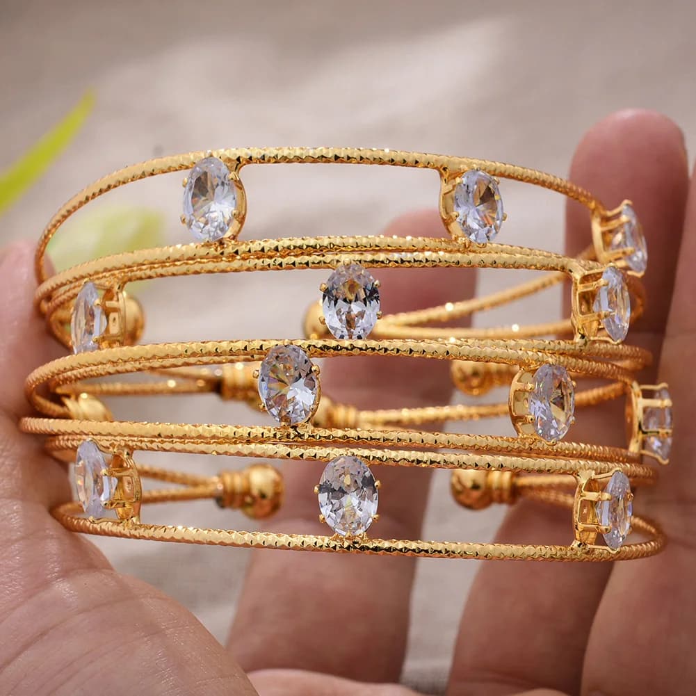 Bracelets en or éthiopien couleur or de Dubaï, 24K, 4 pièces/lot, en pierre blanche, pour femmes, bijoux de mariage, cadeaux pour femme et fille