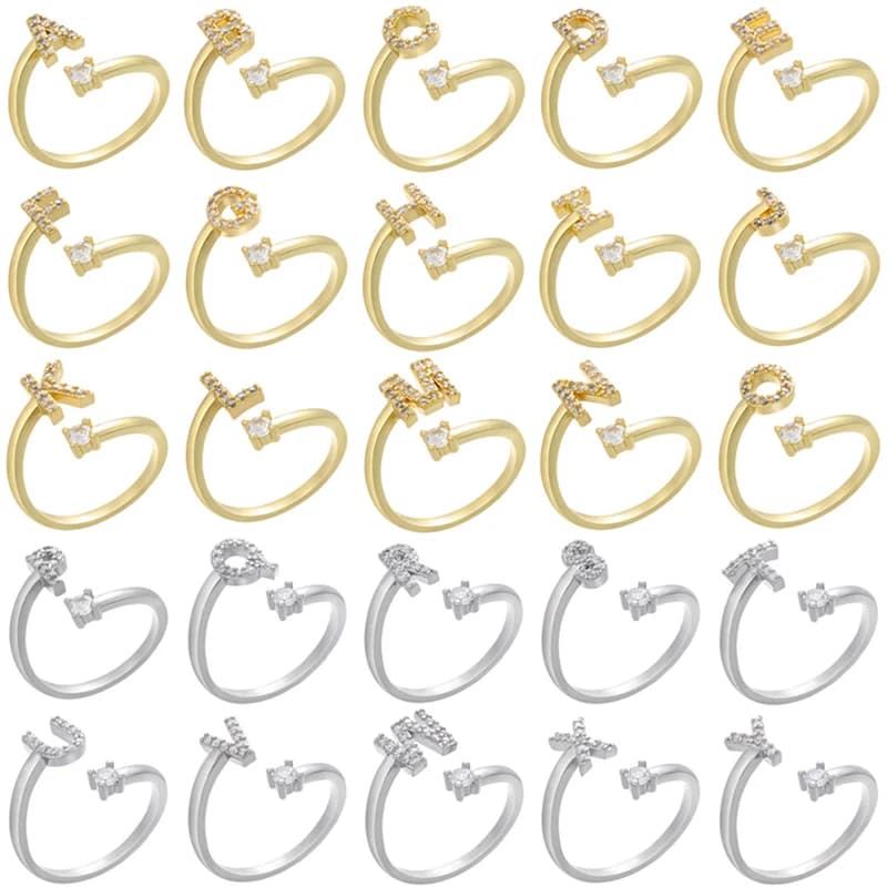 ZHUKOU-Bagues en cristal CZ avec initiales de l'alphabet pour femme, bague ouverte réglable, couleur or, 26 lettres, bijoux en gros, VJ59