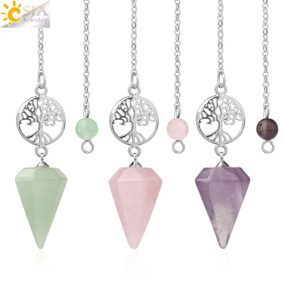 CSJA esoterisme pendule en pierre naturelle pour radiesthésie Reiki, pendentif arbre de vie, amulette esotérique, pendule radiesthésie , pendule Divination divinatoire , pendule divinatoire pierre