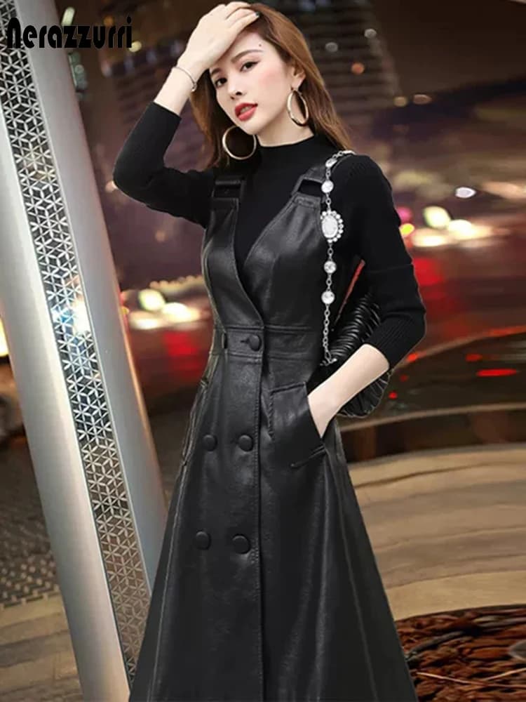 Nerazzurri – robe longue d'été en cuir PU noir pour femmes, robes mi-longues en Faux cuir avec bretelles, mode coréenne élégante pour femmes, 2021