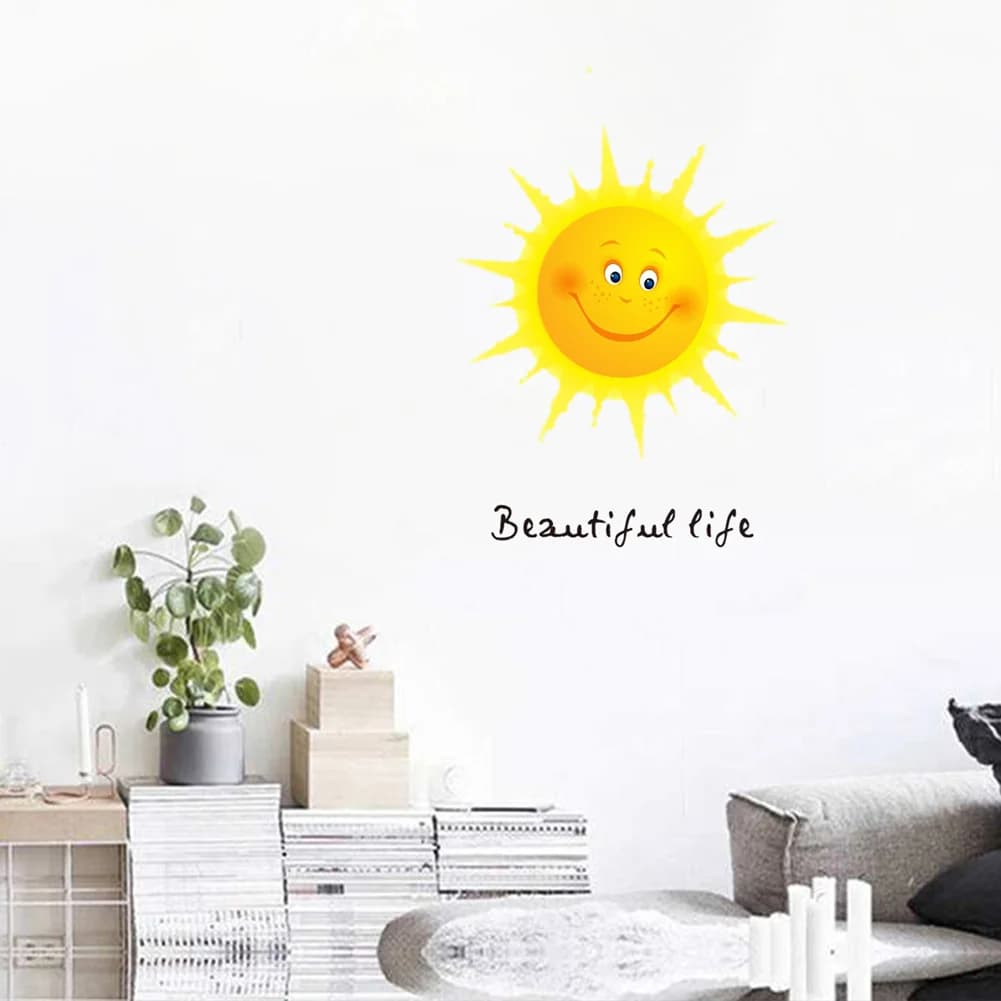 Autocollants muraux de soleil de dessin animé pour chambre d'enfants, papier peint de fond de chambre d'enfants, autocollants d'art de décoration de maison, belle vie