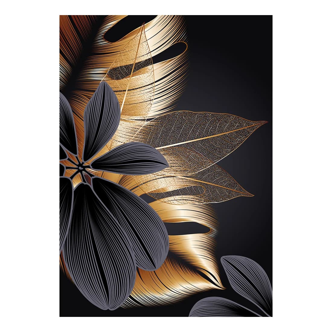 Peinture d'art nordique pour la décoration de salon, affiche de toile de cuir chevelu de plante noire et dorée, impression moderne, décor à la maison, mur abstrait
