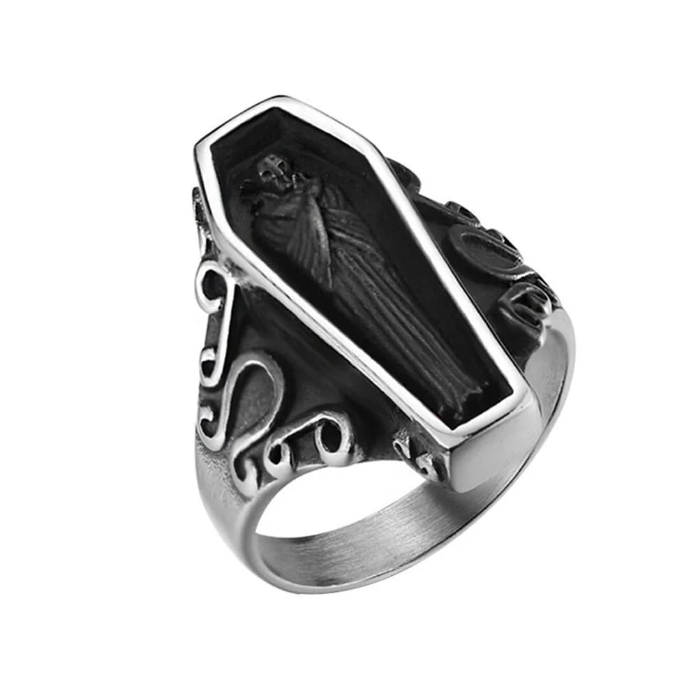 Bague en forme de crâne de Vampire pour homme, anneau Unique en acier inoxydable noir, Punk, cercueil, anneau gothique, vente en gros, bijoux cadeau