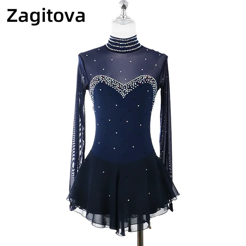 Robe de patinage artistique bleu marine rouge pour femmes et filles, vêtements de patinage artistique sur glace à manches longues avec strass