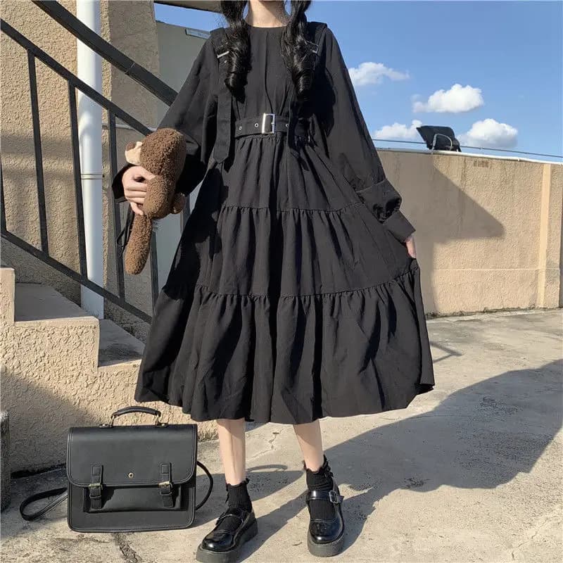 YBYR-Robe mi-longue noire japonaise Harajuku pour femme, style gothique, bretelles, robe bandage, volants vintage, long costume baggy cosplay