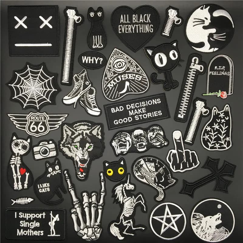 Patchs de crâne de fermeture éclair de chat loup pour vêtements, Appliques de rayures, Badges de broderie de texte noir, autocollants de vêtements de couture, patchs à repasser