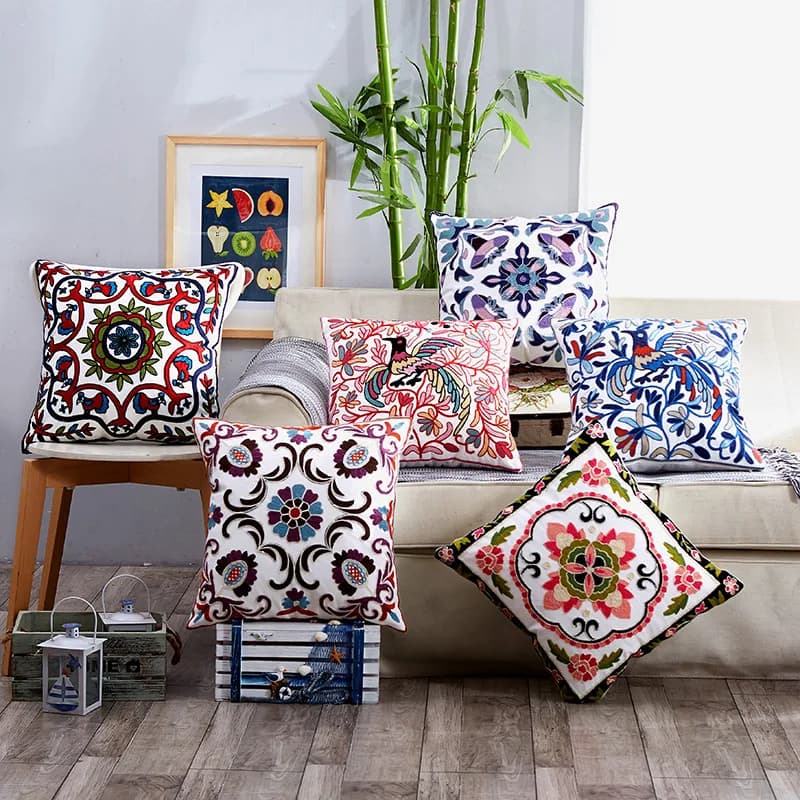 Housse de coussin brodée de fleurs européennes en coton, style bohème ethnique, 2 pièces, 45*45cm, pour la décoration de la maison