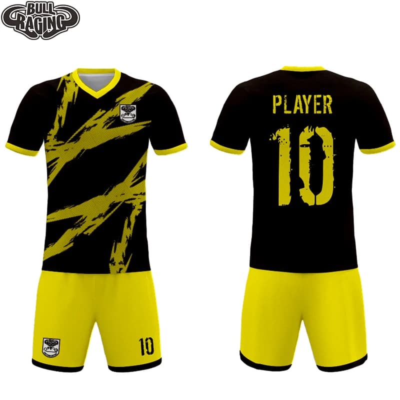 Maillot d'équipe personnalisé noir et jaune, uniforme de football à sublimation, kits sportifs