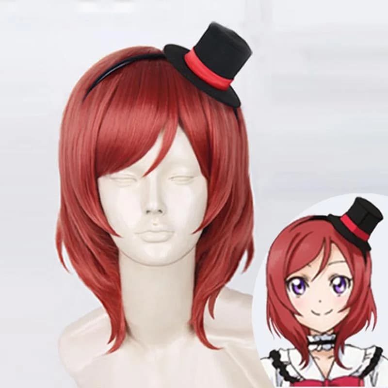 LoveLive! Perruque de Costume de Cosplay Love Live Maki Nishik37Rouge, Courte, avec Bonnet