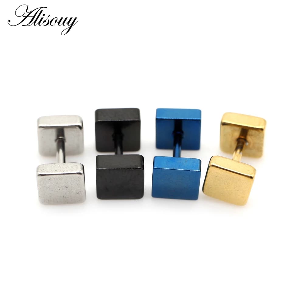 Alisouy 2 pièces Punk noir or couleur acier inoxydable unisexe femmes hommes haltères carrés vis oreille goujons boucles d'oreilles Piercing bijoux