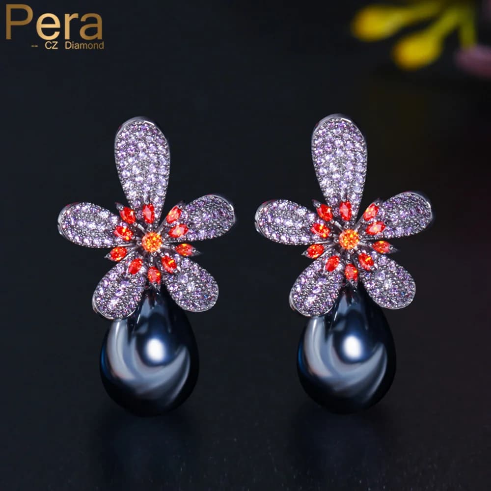 Pera – boucles d'oreilles en Zircon cubique pour petite amie E726, magnifique, grande étamine rouge violette, Dangle brésilien, perle noire, bijoux d'anniversaire, cadeau pour petite amie