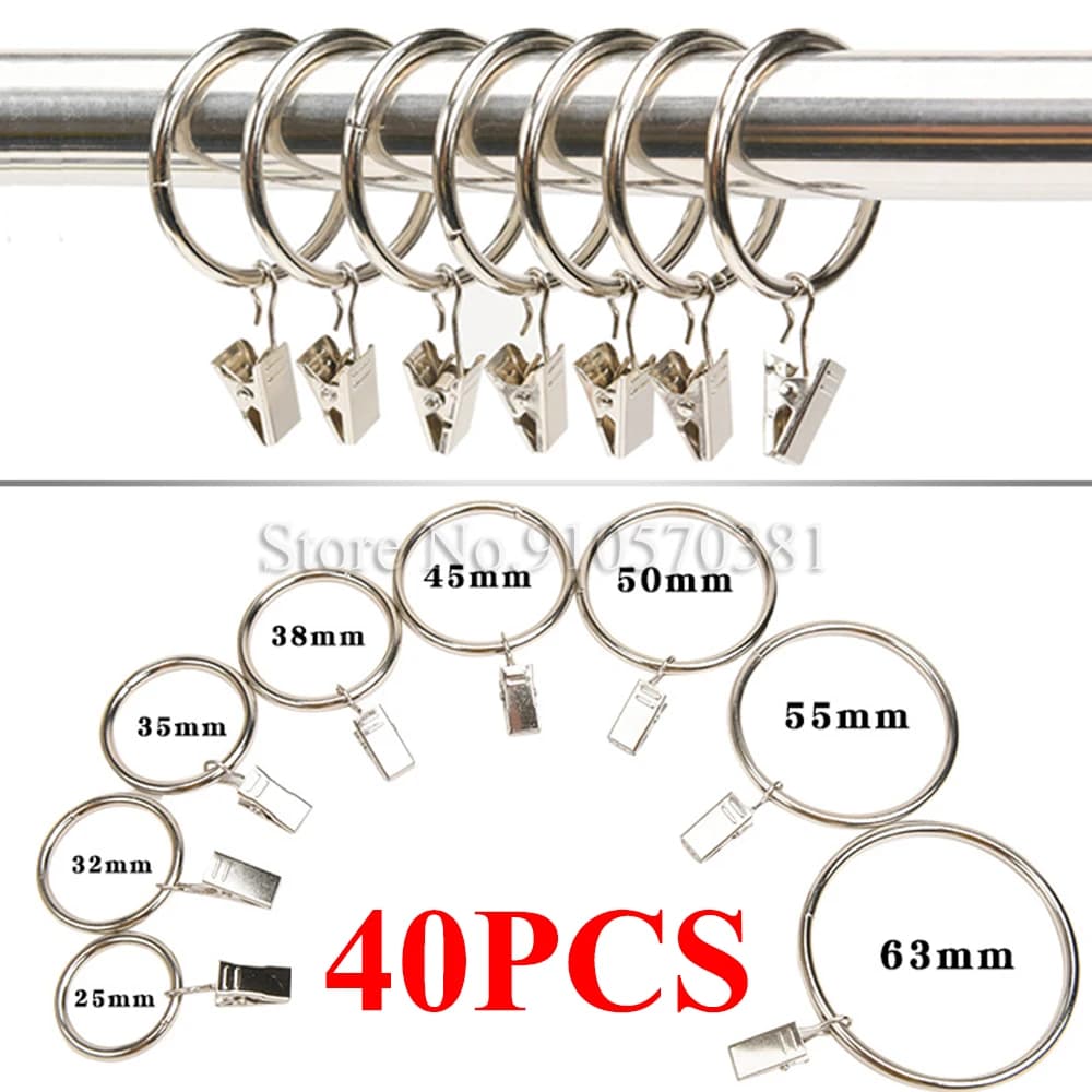 Anneaux de rideau avec crochets à Clips, métal antirouille, draperie en acier inoxydable pour tige de Tension, œillets de support, 40 pièces
