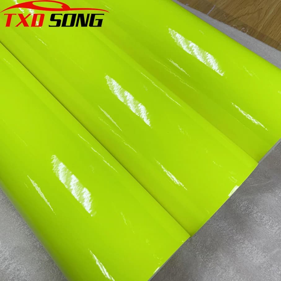 Rouleau de feuilles de Film d'enveloppe de voiture en vinyle jaune Fluorescent néon brillant 50CM x 200CM/300CM avec bulles d'air gratuites