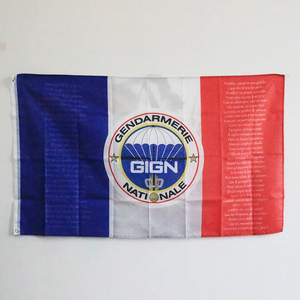 Drapeau de la France avec l'anthème national de Marseille et les bras de GIGN Gendarmerie Nationale 100D Polyester 3x5FT 90x150cm