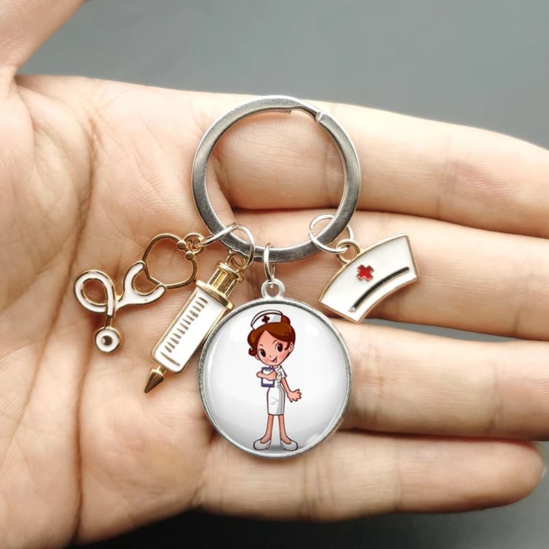 Porte-clés en verre avec image de stéthoscope de seringue médicale, porte-clés, pendentif, peinture, créatif, mode, adapté aux infirmières et aux médecins, cadeau