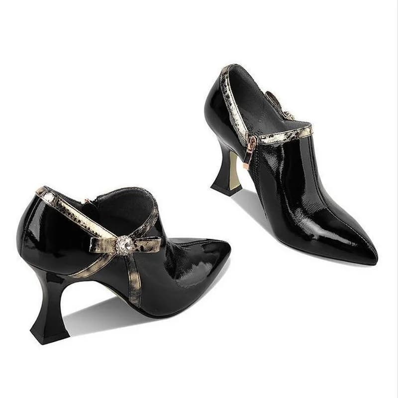 FHC-Chaussures à Talons Hauts en Cuir Verni pour Femme, Escarpins à la Mode, avec Nministériels d Papillon, Fermeture Éclair Latérale, Noir et Vert, Collection Printemps/Automne