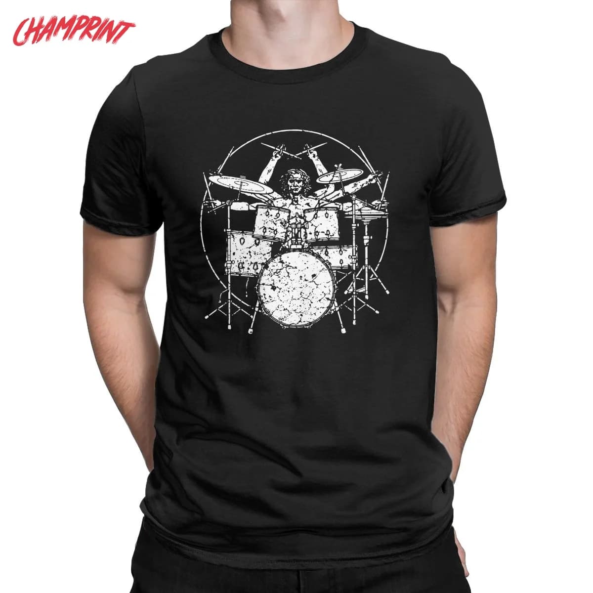Homme de Vitruve joue de la batterie Da Vinci T-Shirt hommes Humor pur coton t-shirts col rond à manches courtes T-Shirt idée cadeau vêtements