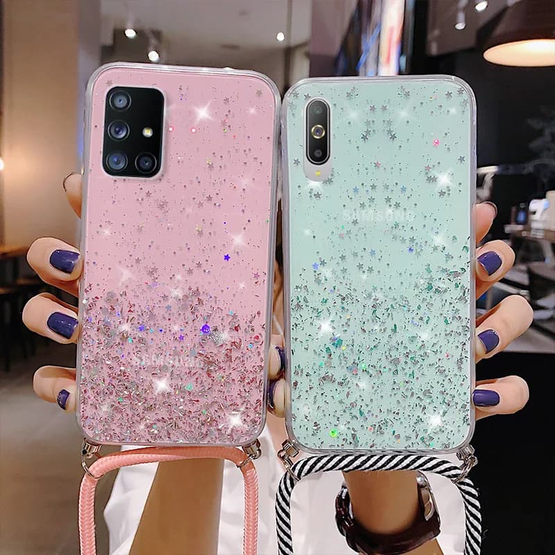 JONecklace-Étui à paillettes pour Samsung Galaxy S20 Ultra S10 S9 S8 Plus Note 10 Pro 8 9, couverture de documents couleur bonbon