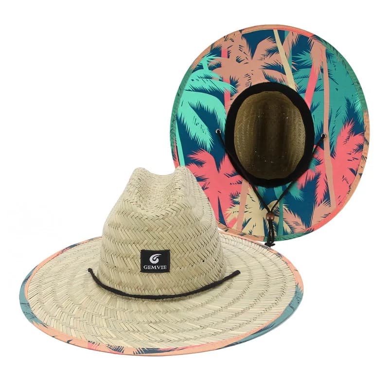 Chapeau de sauveteur en paille tissé pour femme, chapeau de soleil de plage d'été, impression extérieure, chapeau Panama à large bord, taille 57-60CM