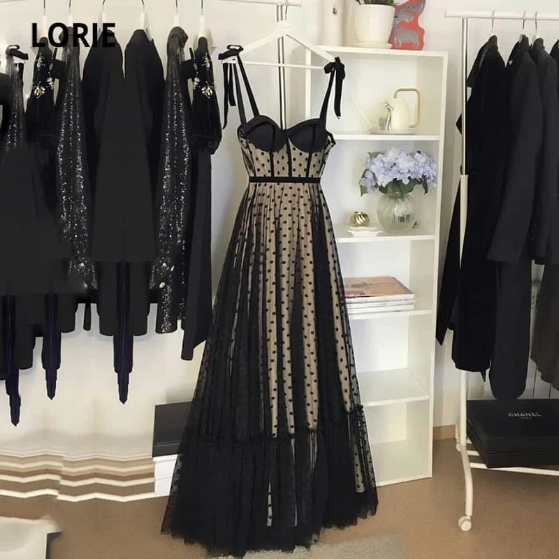 LORIE – robe de bal noire à pois, bretelles spaghetti, pour événements formels, robes de soirée, robes de fête de remise des diplômes, personnalisées