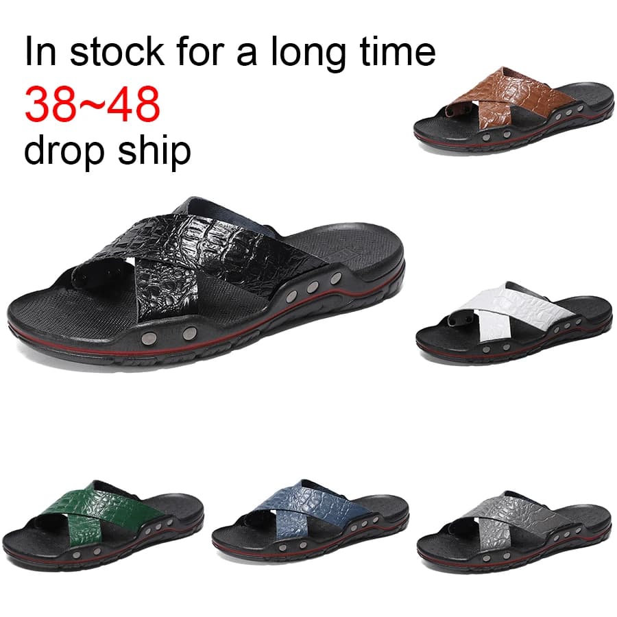 Pantoufles en cuir véritable pour hommes, chaussures d'été pour salle de bain, sandales de plage, pantoufles de maison, tongs de sol, 38 à 48