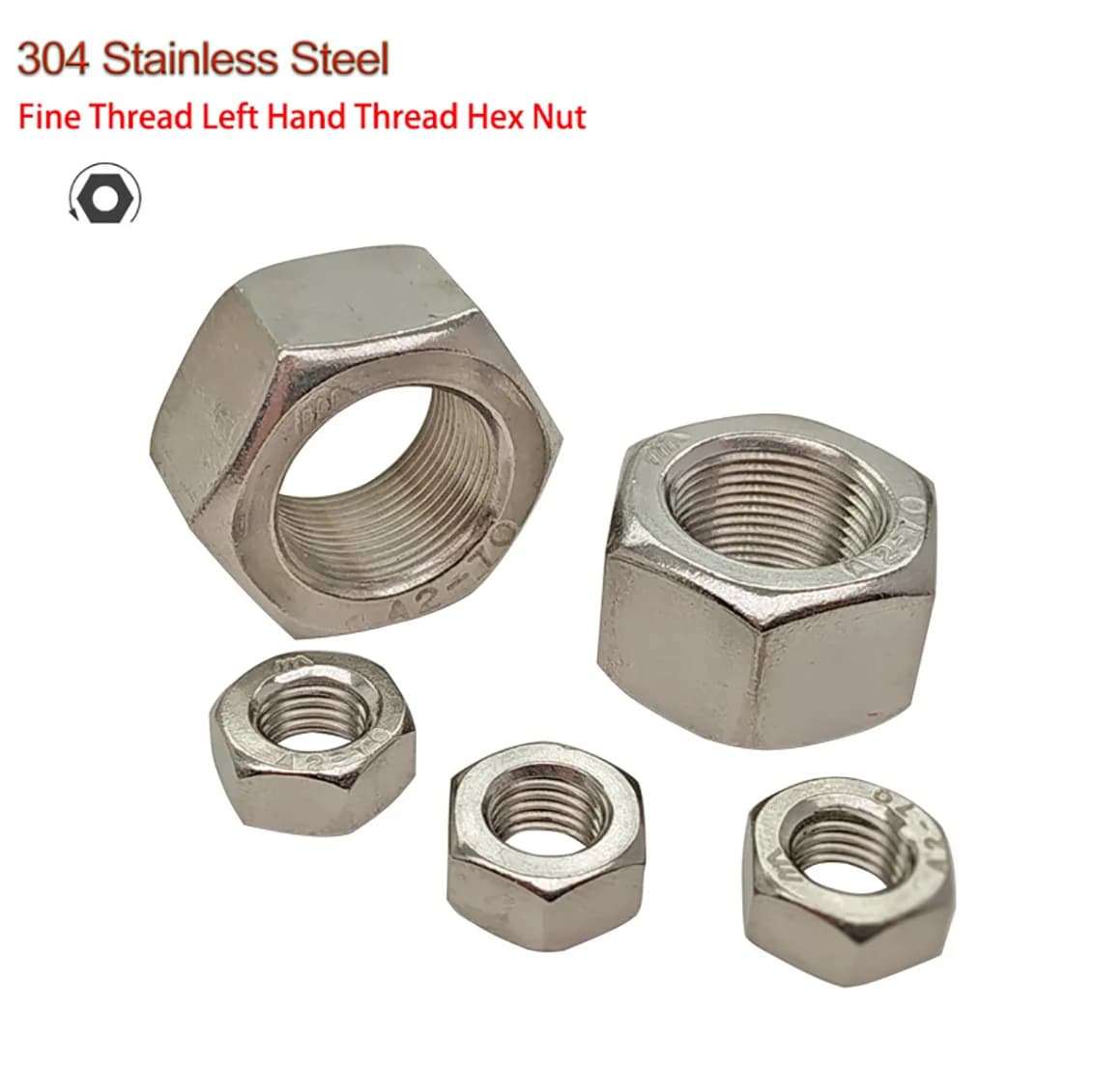 Écrou hexagonal à filetage fin à filetage gauche M6 ~ M24 304, filetage inversé en acier inoxydable, écrous hexagonaux à dents gauche
