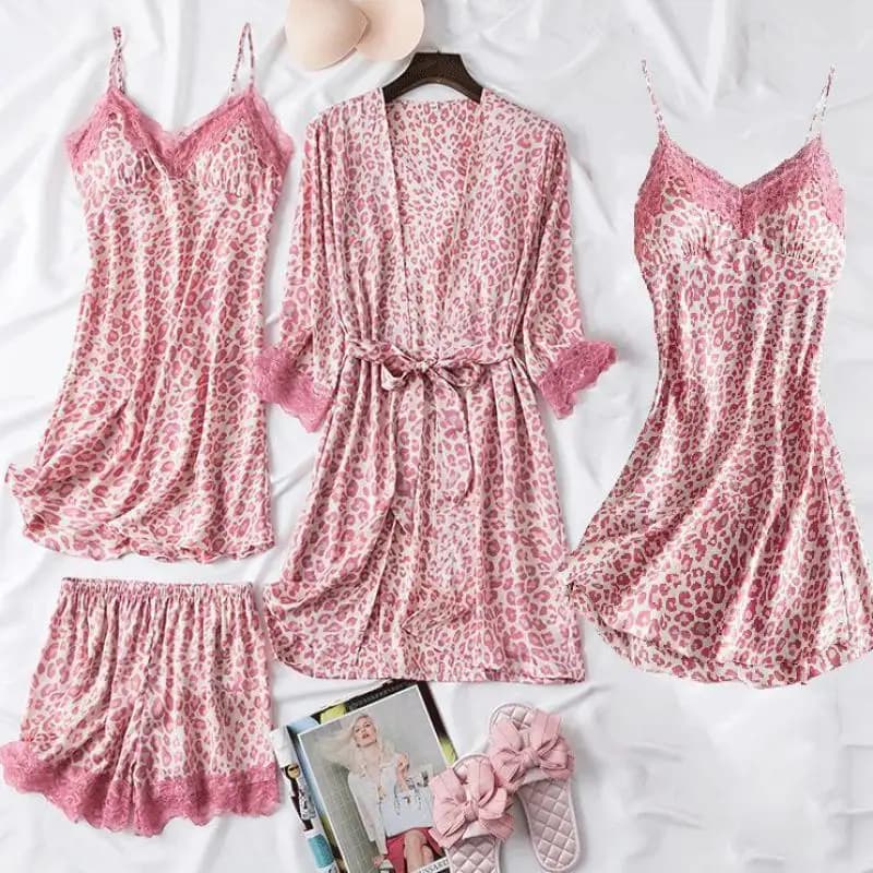 Imprimé léopard 4 pièces ensemble de sommeil Pyjamas femme ample Satin Pyjamas vêtements de nuit Sexy décontracté vêtements de maison costumes dentelle garniture femmes vêtements de nuit