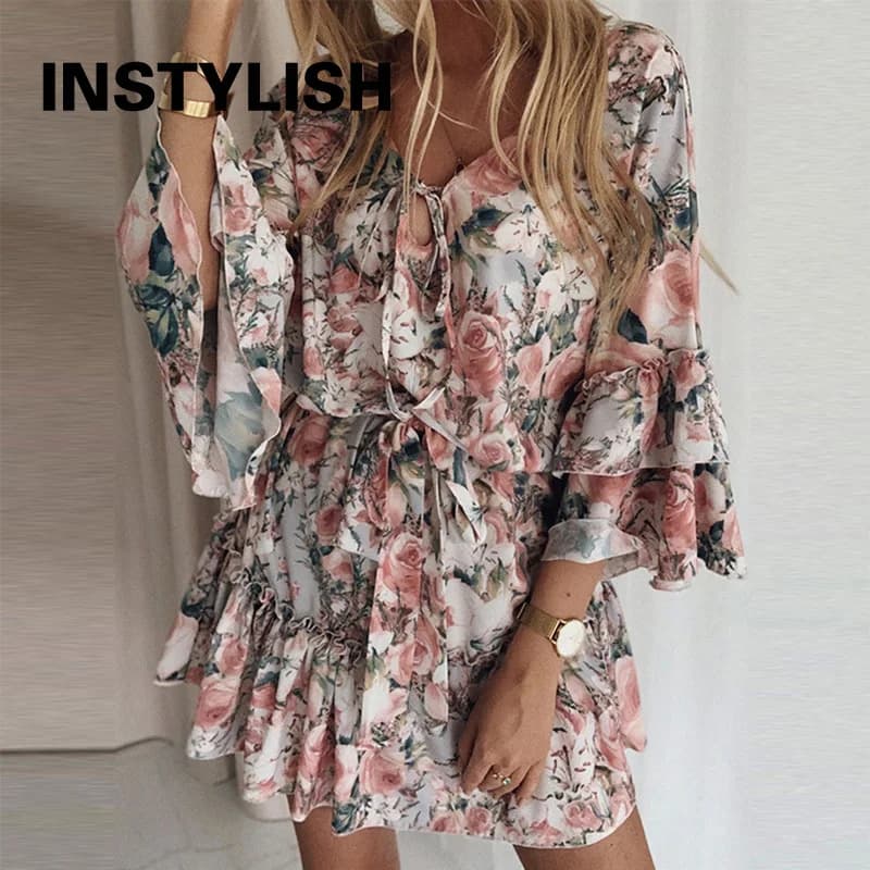 Élégant imprimé fleuri une ligne robe été bohème col en V volants robe en mousseline de soie femmes décontracté plage fête Mini robe surdimensionné 2XL