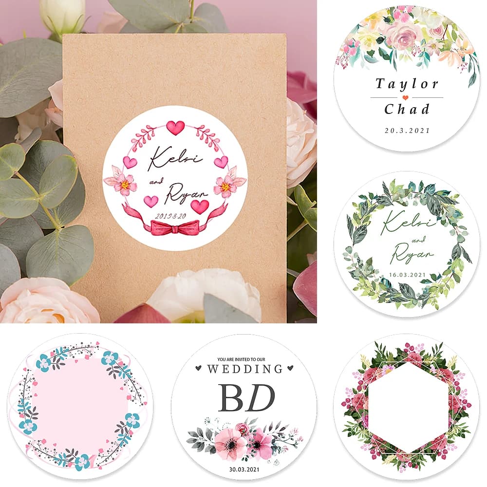 96 pièces 2.5-7cm Floral personnalisé ajouter vos noms et Date autocollant autocollants de mariage Invitations sceaux bonbons faveurs coffrets cadeaux étiquette