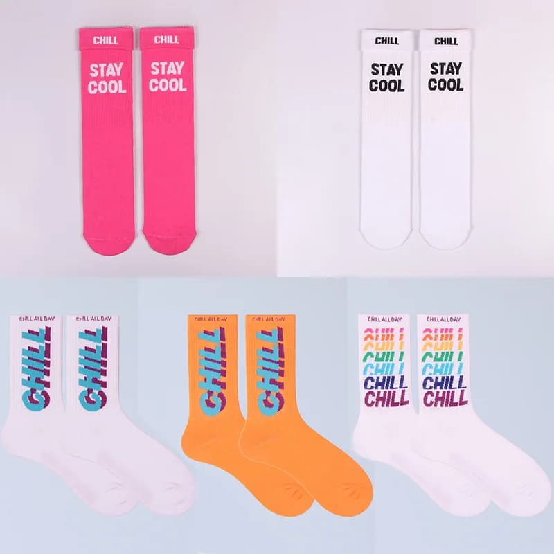 3 paires de chaussettes STAY COOL CHILL avec lettres, style Hip Hop Harajuku, roses, pour hommes, skateboard, orange, coton, lettres colorées, chaussettes longues pour femmes