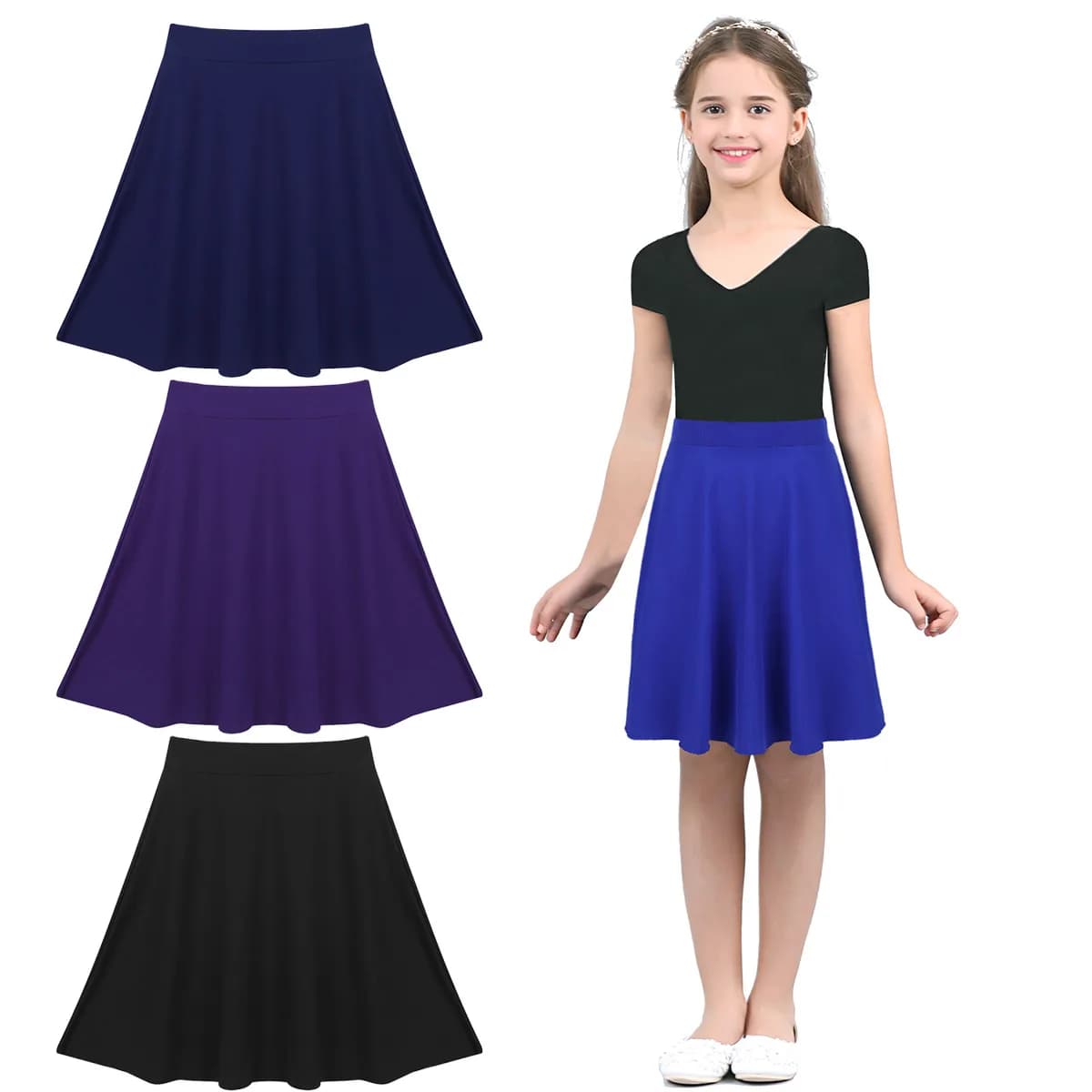Jupe patineuse pour grandes filles, couleur unie, légère, extensible, longueur aux genoux, jupe trapèze, Costume de fête décontracté pour enfants et adolescents, jupe de danse