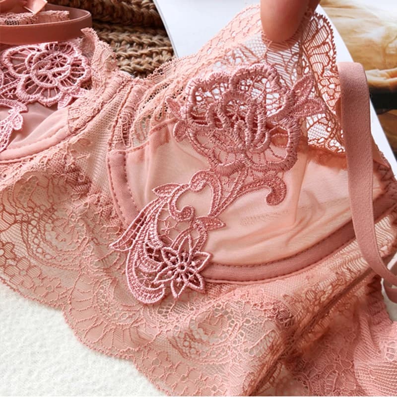 Ensembles de soutien-gorge et culotte en maille rose pour femmes, sous-vêtements floraux transparents, lingerie sexy, sans rembourrage, armatures transparentes, grande taille, C D