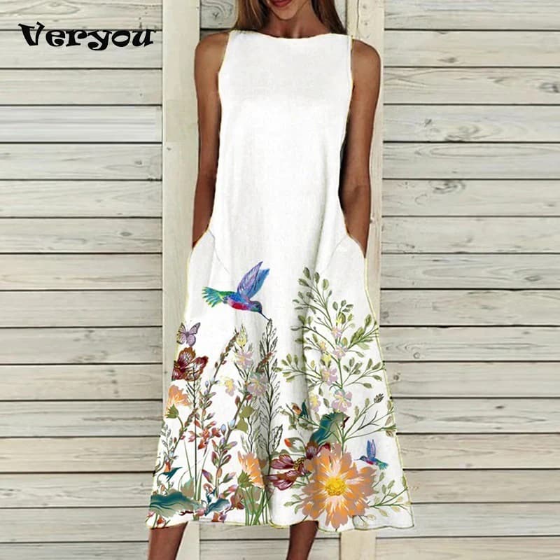 Robe d'été imprimée de fleurs à col rond pour femmes, robe en fibre de poche, robe de soirée décontractée, mode féminine, 2021