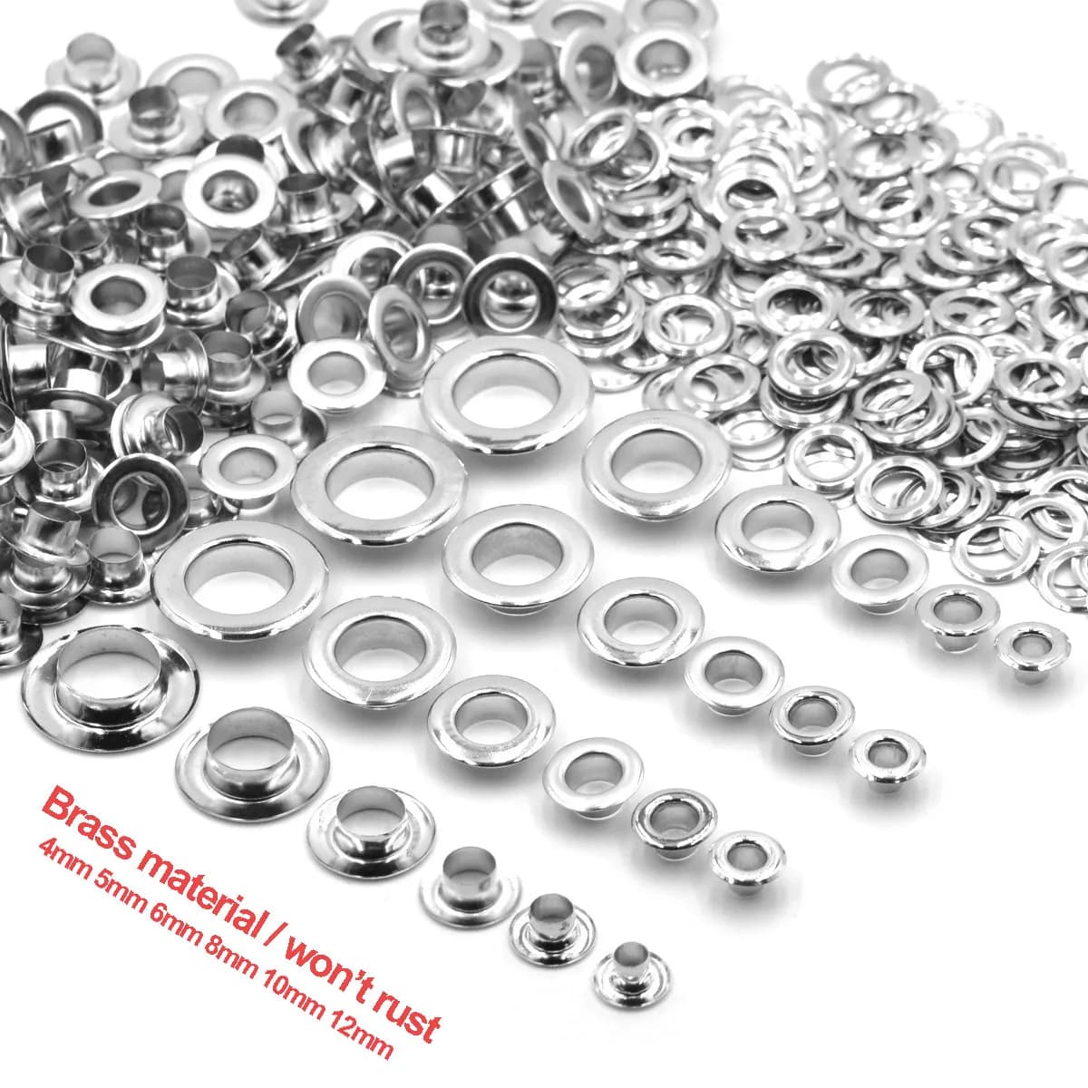 KALASO – œillet à œillets plat en laiton, couleur argent, 4mm 5mm 6mm 8mm 10mm 12mm, avec rondelle, pour chaussures artisanales en cuir, capuchon de ceinture