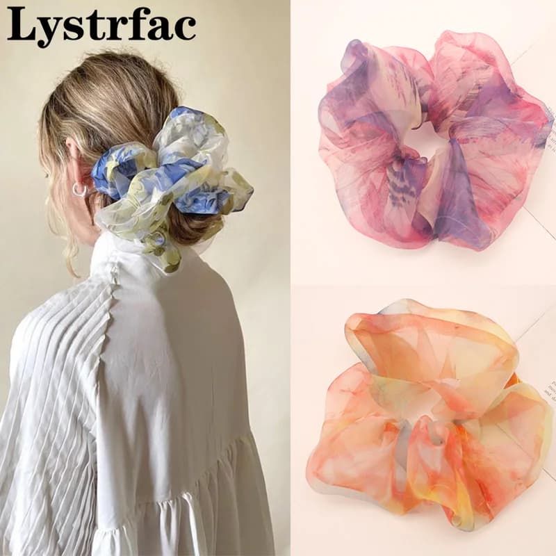Lystrfac nouveau chouchou imprimé Organza surdimensionné pour femmes filles bandes de cheveux élastiques cravate de cheveux élastique pour queue de cheval accessoires de cheveux