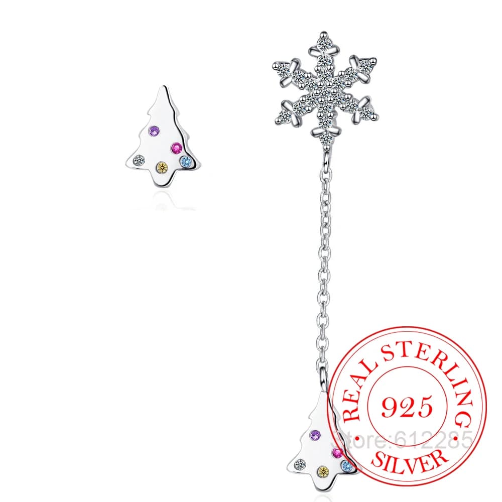 Boucles d'oreilles asymétriques en argent Sterling 925 pour femmes, breloque, arbre de noël, Long gland, flocon de neige, cristal
