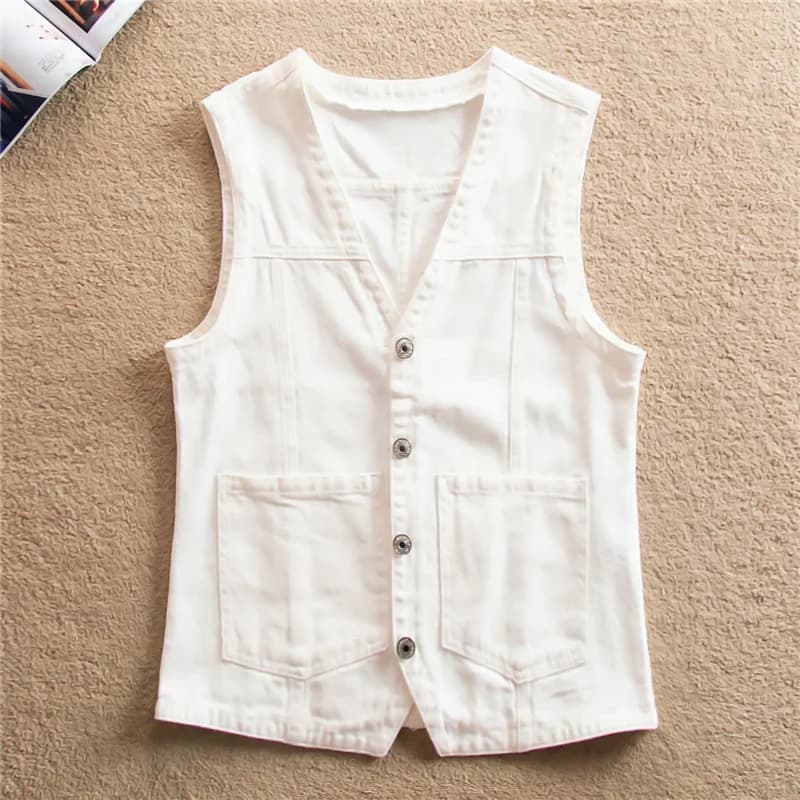 # Gilet en jean blanc et bleu pour femme, décontracté, coupe ajustée, col en V, simple boutonnage, sans manches, tailles S-6XL