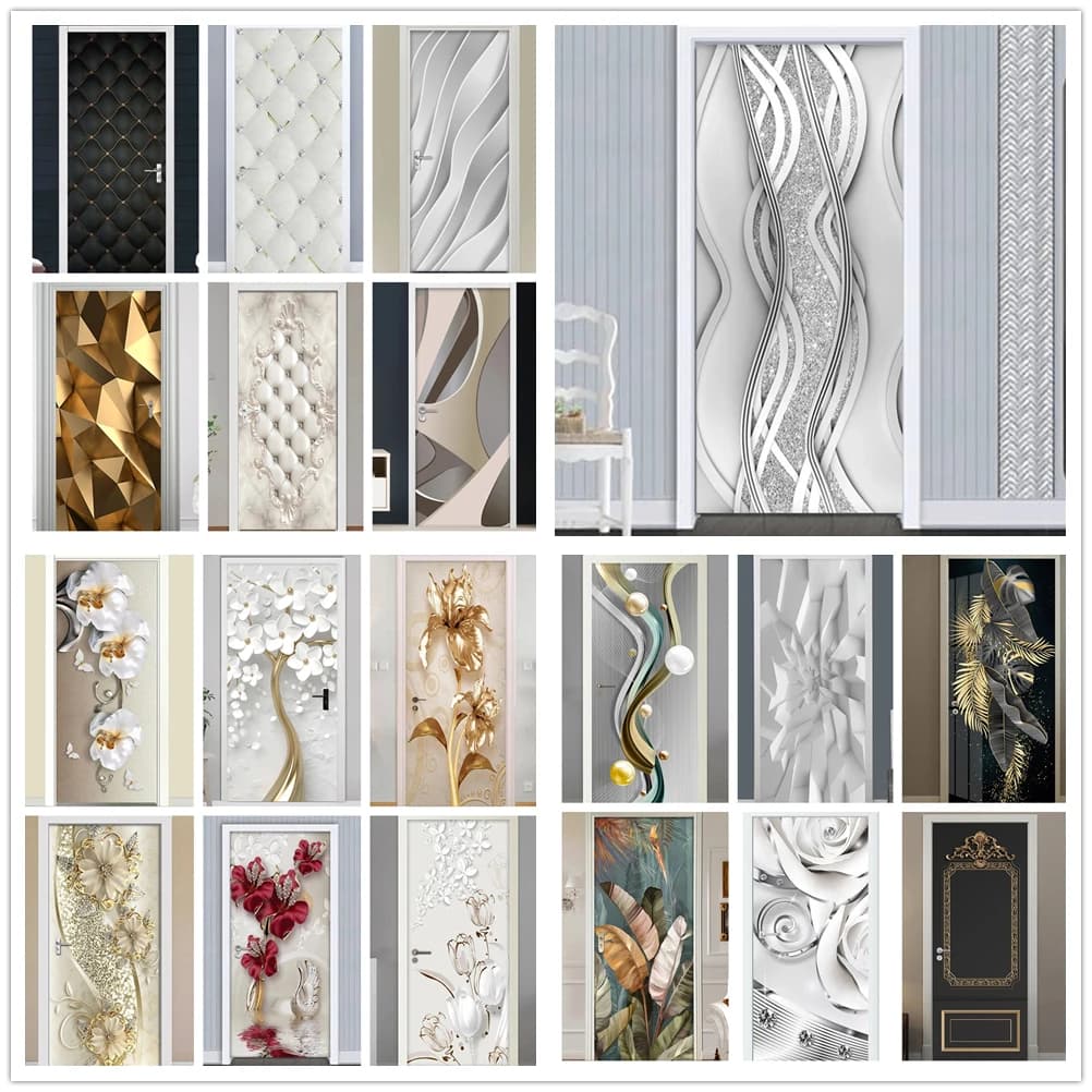 Autocollant de porte en PVC abstrait 3D moderne, ligne de mode, papier peint perlé argenté, affiche d'art de salon, autocollants muraux auto-adhésifs